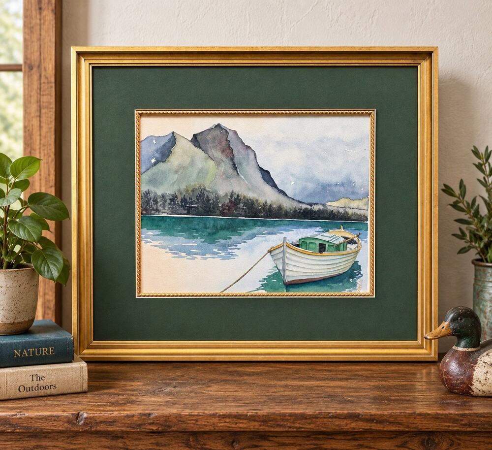 Vintage 1992 Nace Original Watercolor Mountain Lake Boat Signed Framed 21”